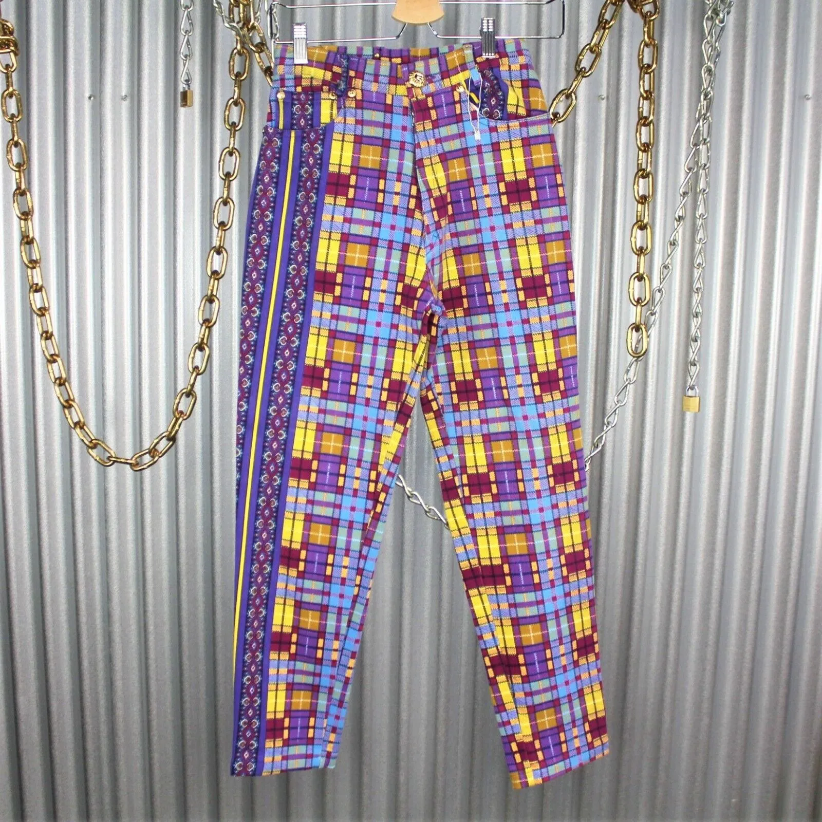 Vintage Versace Sport Womens 42 24 x 25 Plaid AOP All Over P