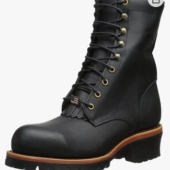 CHIPPEWA Black Leather Lace Up Vibram Sole Retro Work Boot