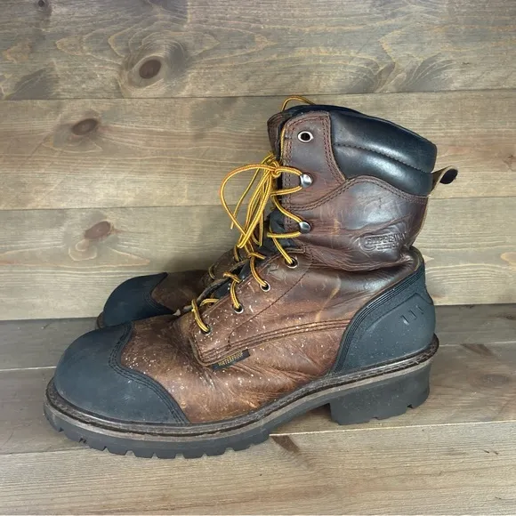 Chippewa Mens size 13 boots brown leather steel toe waterproof logging shoes