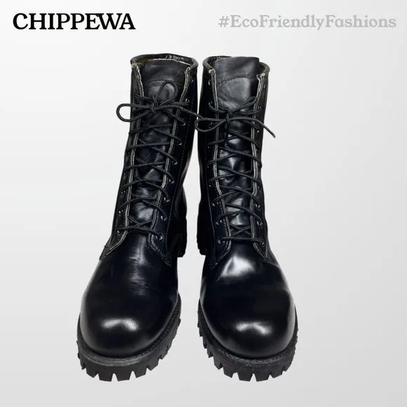 Chippewa Mens Military Black High Gloss Leather Combat Boots Size 7.5 C