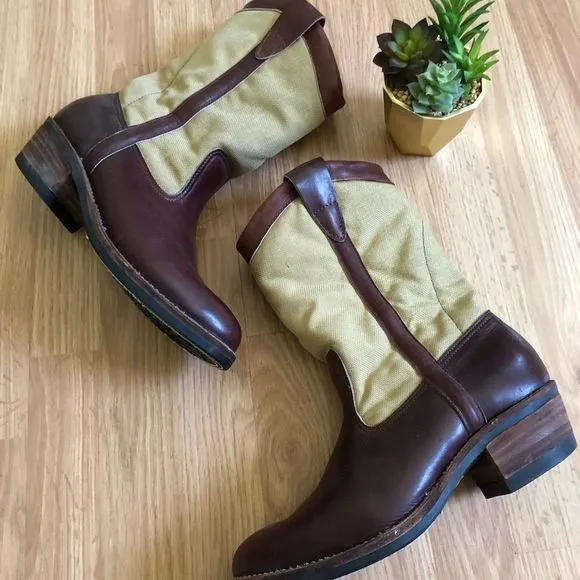 DANNER Quabaug Vibram Leather Canvas Cowboy Western Brown/Tan Boots