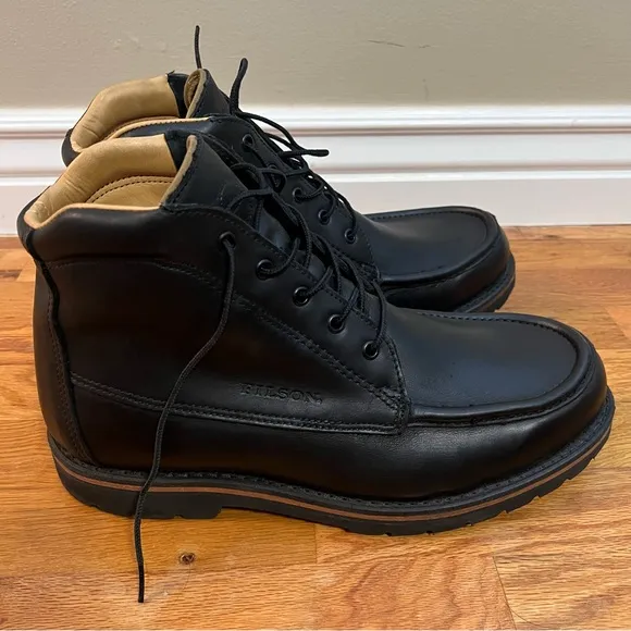 Filson black leather moccasin toe boots. 13.