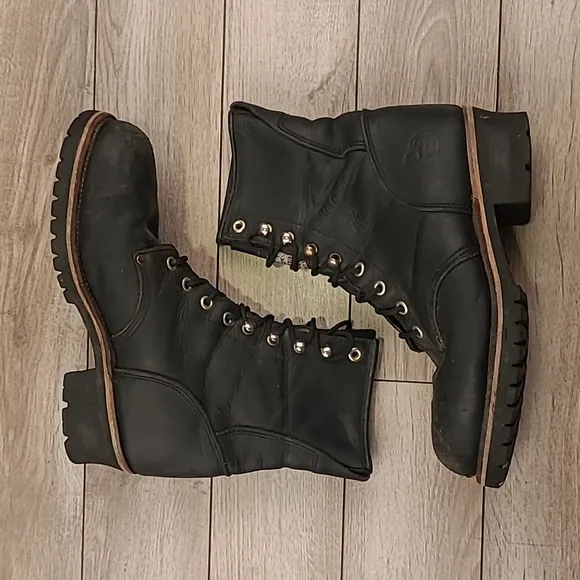 GEORGIA BOOT Vtg Black Leather Sz 9W Mens Work Moto Steel Toe Boots RARE