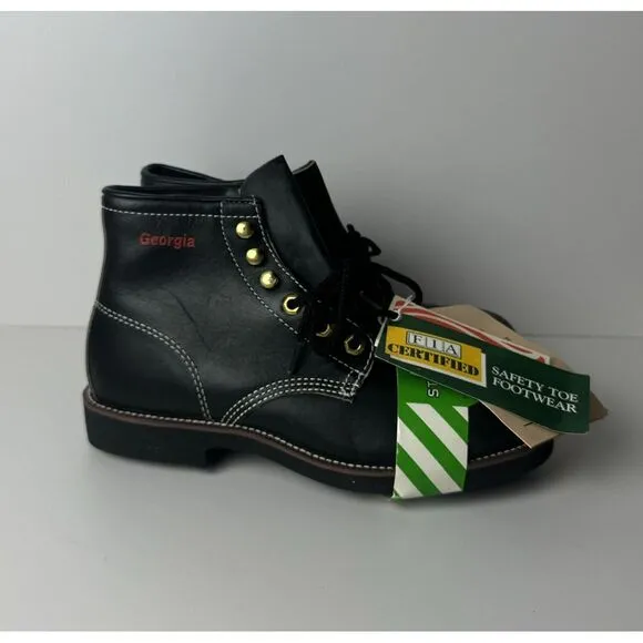 VTG Georgia Black Leather Ankle SAFETY TOE Boots Size 6.5 R ANSI Z41 Oil Res