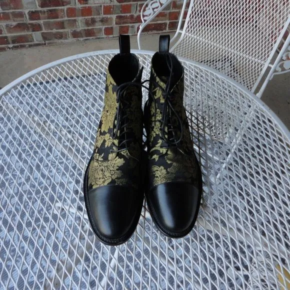 TAFT The Jack Boot in Black & Gold Floral Lace Up Boots Size 46 (US 13)
