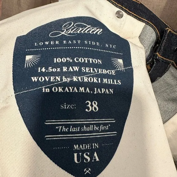 3Sixteen Selvedge Raw Denim Jeans -- Indigo, Sz. 38
