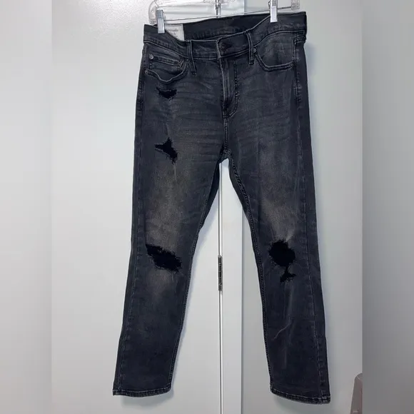 Abercrombie & Fitch Men's Charcoal Distressed Slim Straight jeans.