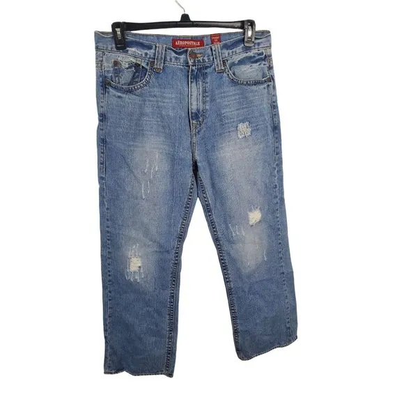 Aeropostale 34x30 Mens Straight Leg High Rise Medium Wash Blue Denim Casual Bott
