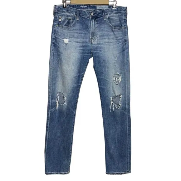 AG Adriano Goldschmied Jeans Mens 34R Blue The Matchbox Distressed Slim Straight