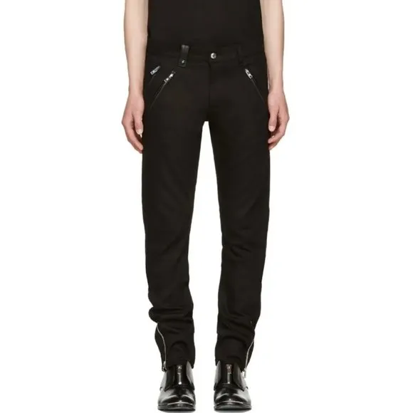 ALEXANDER MCQUEEN Men's Black Biker Jeans Zipper and Leather Detail Size 48