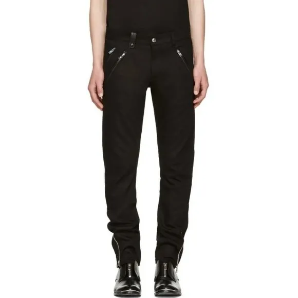 ALEXANDER MCQUEEN Men's Black Biker Jeans Zipper and Leather Detail Size 48