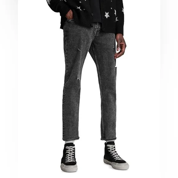 ALLSAINTS Dean Damaged Slim Fit Cropped Jeans in Washed Black Size 38