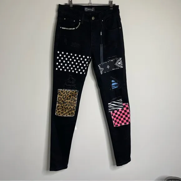 Amiri black panelled leather patchwork distressed stretch skinny denim jeans 28
          
      NWT