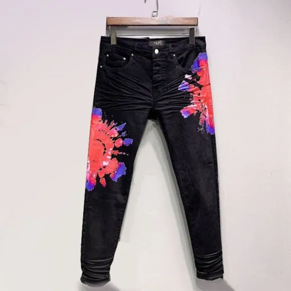 Amiri Pink Flower Painting Distressed Denim Jeans