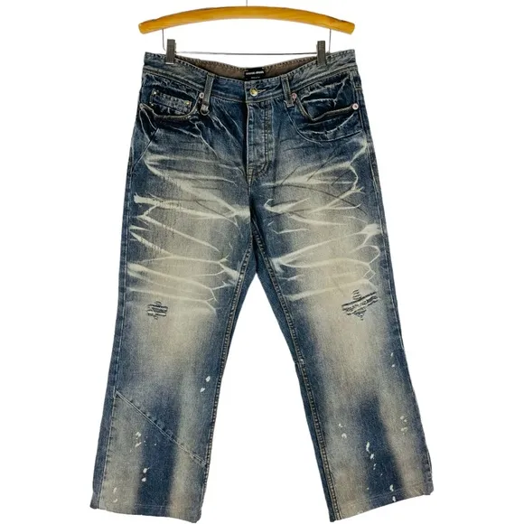 Giorgio Armani blue striped destroyed distressed straight leg jeans 33