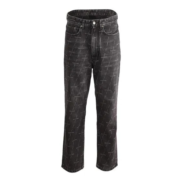 Balenciaga Logo Print Straight Jeans in Black Cotton