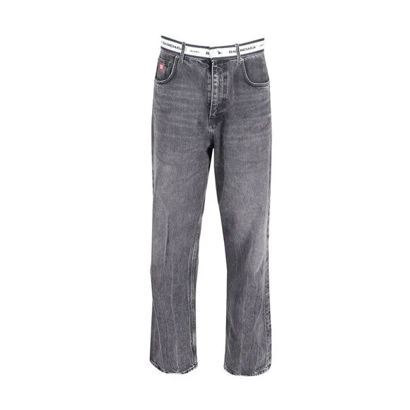 Balenciaga Logo Waistband Denim Jeans in Grey Cotton