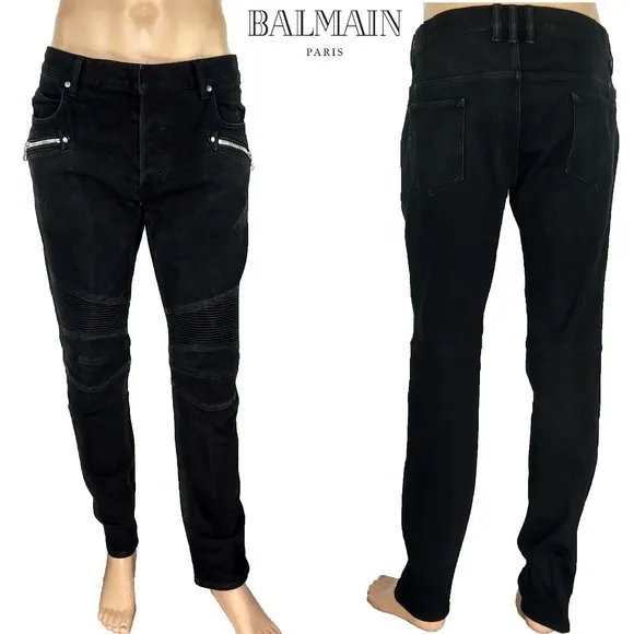 Balmain Paris Black Ribbed Moto Jeans Distressed