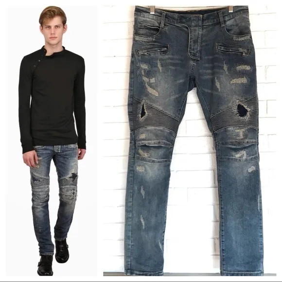 Balmain Paris Distressed Ribbed Moto Biker Jeans