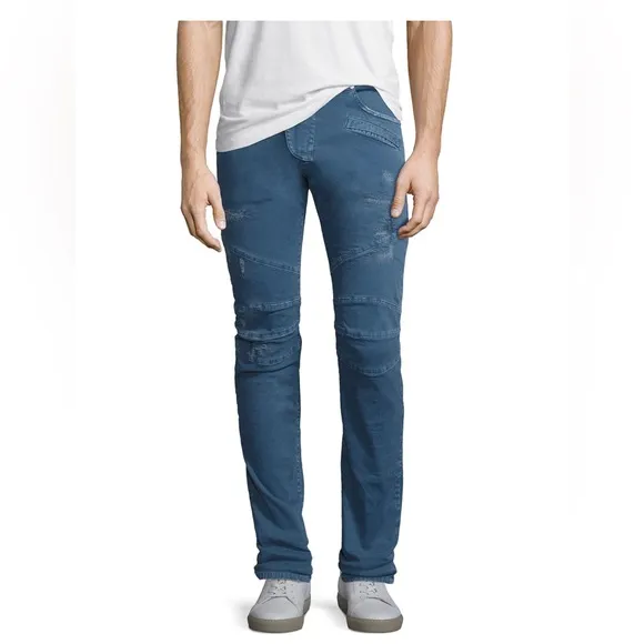 BALMAIN DISTRESSED TWILL MOTO SLIM STRAIGHT BLUE JEANS SIZE 34 is brand new
          
      Boutique