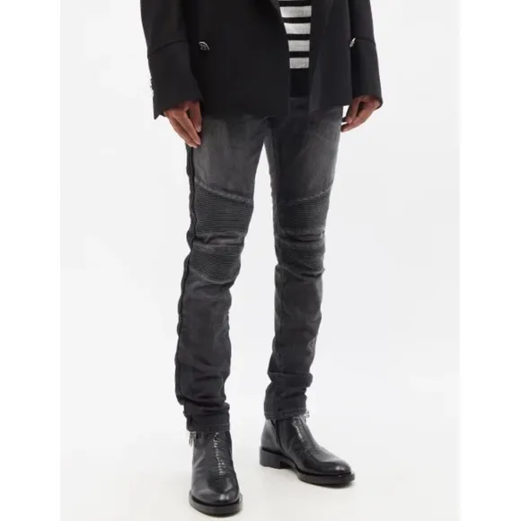 Balmain Distressed Biker Moto Cargo Black Gray Jeans Denim Size 38