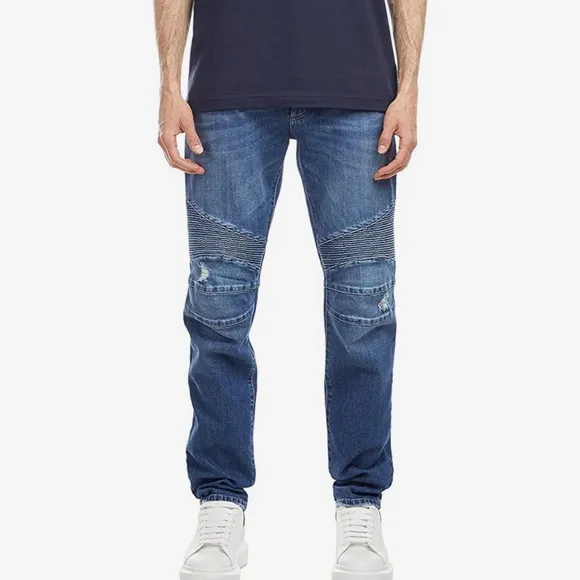 Designer Balmain Vintage Blue Biker Ribbed Jeans