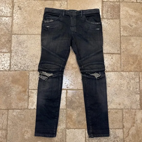 Balmain Dark Grey Distressed Moto Biker Denim Jeans