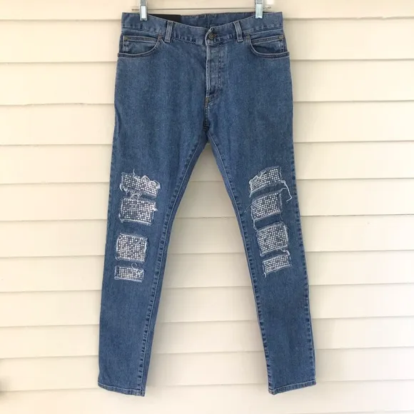 Balmain Paris Men’s Denim Jeans Crystal Knee Patches Slim Fit Size 30