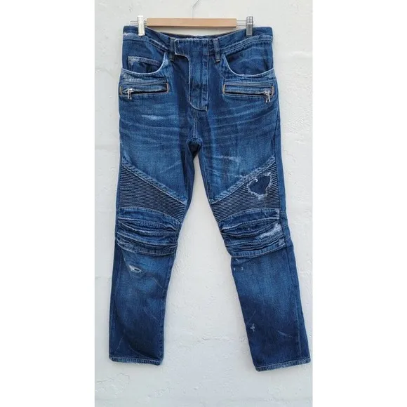 Balmain Sand Blast Wash Moto Biker Blue Denim Jeans Men's 33