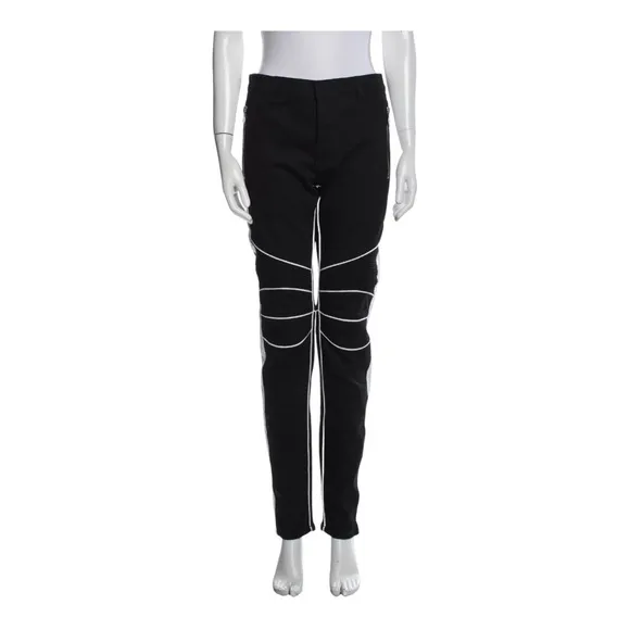 Balmain Italy Made Black & White Striped Zippers Ribbed Moto Jeans Sz 33x32