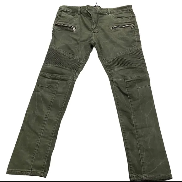 Balmain Italy Green Moto Slim Jeans Sz 40x30 Zippers Ribbed 100% Cotton Denim