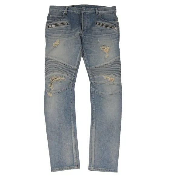 Balmain Mens Biker Jeans 34x33 Light Wash Indigo Blue Distressed  Denim Cotton