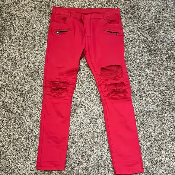 Balmain Destroyed Red Biker Jeans