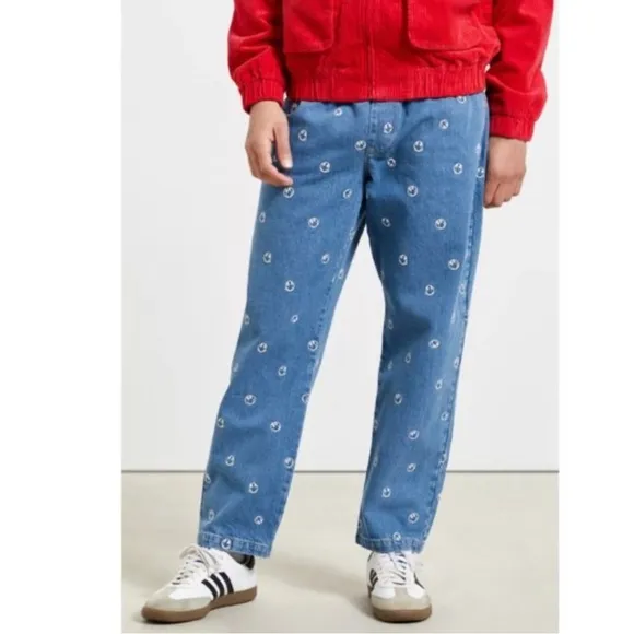Urban Outfitters BDG Men's Embroidered Denim Beach Pants Smilry Face Size L