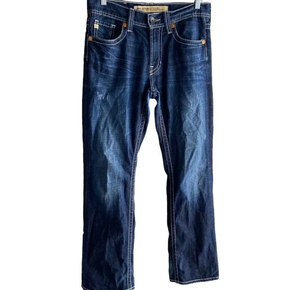 Big Star Pioneer Boot Cut Men Jeans Size 31R Actual 34 x 32 Dark Wash Distressed