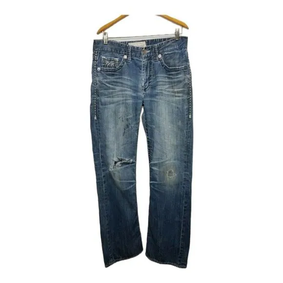 𝅺BIG Star Pioneer Size 31R (31 X 32) Boot Cut Medium Wash Blue Distressed Jeans