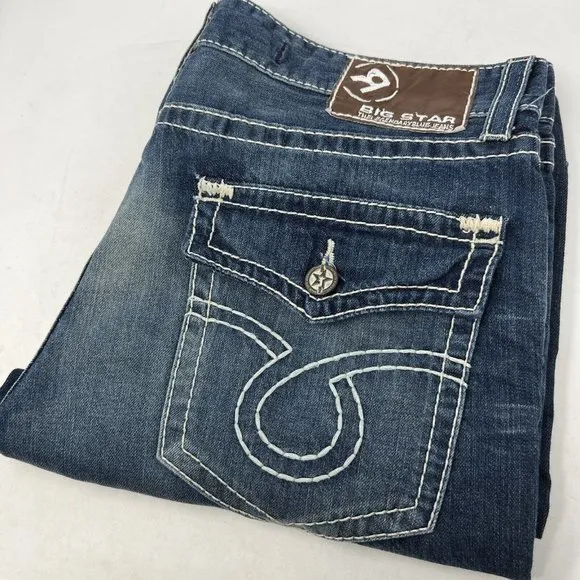 Big Star Men's 38 Pioneer Boot‎ Embroidered Medium Wash Denim Blue Jeans