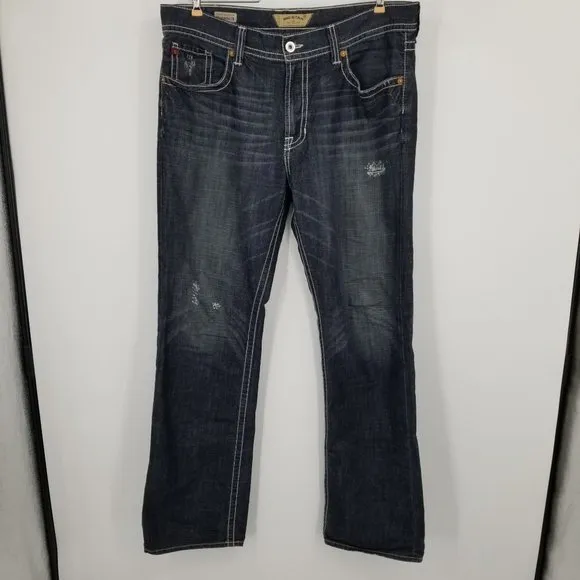 Big Star Denim Boot Cut Men's Dark Wash Denim Distressed Jeans Size 38 Long