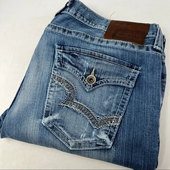 Big Star Men's 40 R Union Straight‎ Medium Wash Distressed Denim Blue Jeans