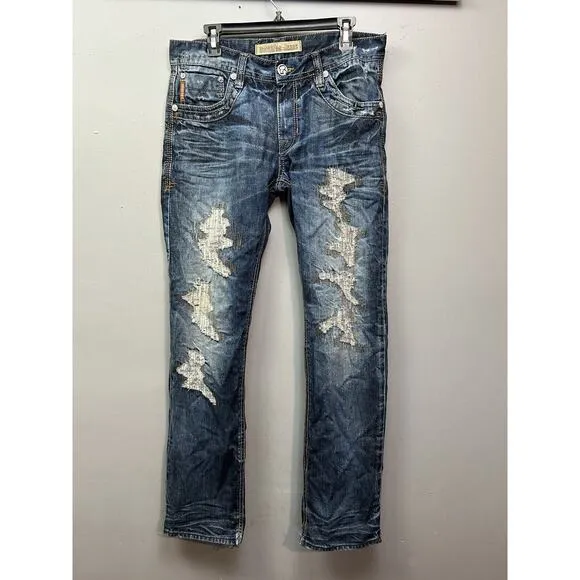 Buckaroo Original Jeans Mens 33x34 Blue Straight Fit Distressed Whiskered Denim