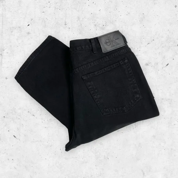 Vtg 90s Calvin Klein Easy Fit Garment Dye Black Jeans, Zip Fly, Leather Patch 36