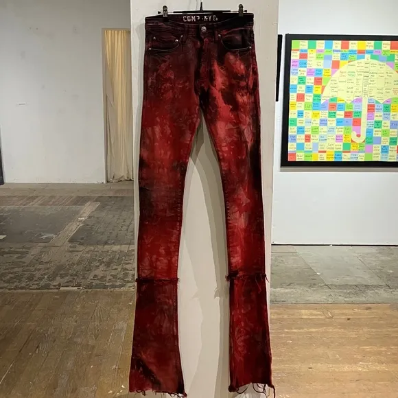 Stacked Red and black tie-died simi distressed raw hem super long Y2K denim