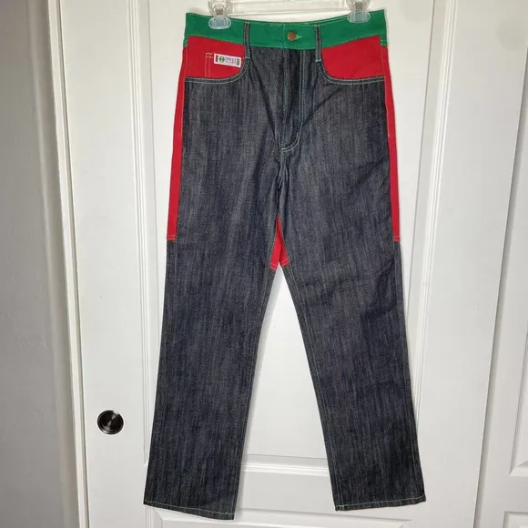 Cross Colours Color Block Jeans Unisex Black/Red/Green Size 28