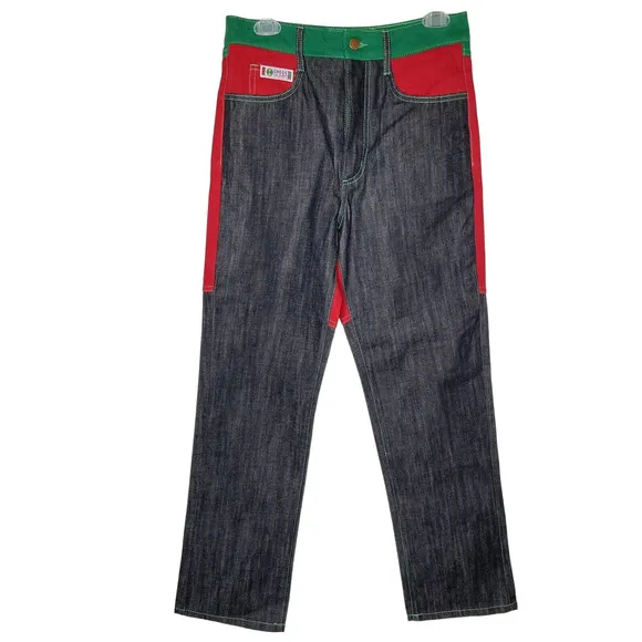 Cross Colours Color Block Jeans Unisex Black/Red/Green Size 28