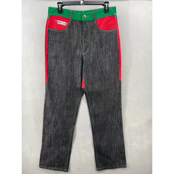Cross Colours Jeans Men Sz 30 Red Green Color Block Ya Dig Post Hip Hop Logo