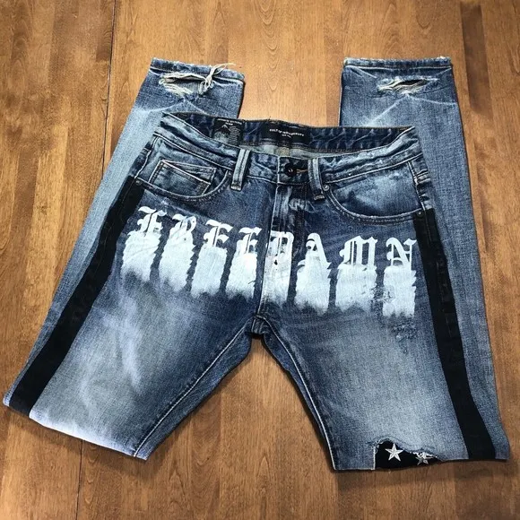 Cult Of Individuality Mens Rocker Slim Blue Black Distressed Denim Jeans 29x33