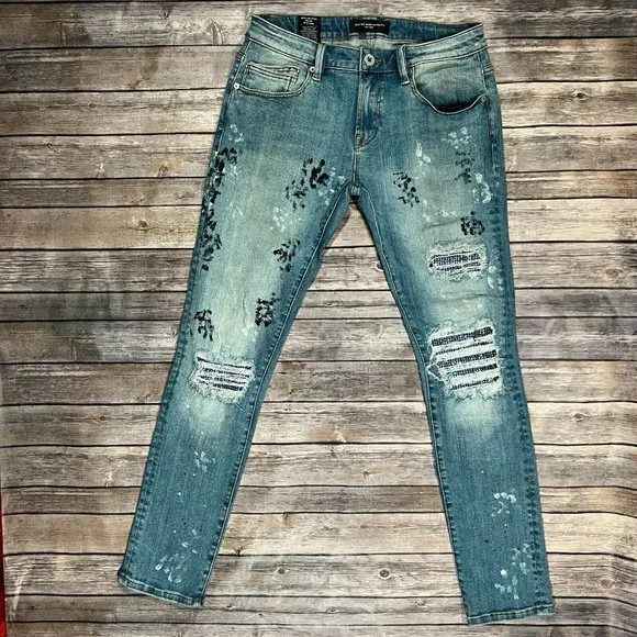 Cult of Individuality Slim Rocker Paint Splatter Bling Stretch Jeans 29x33 Blue
