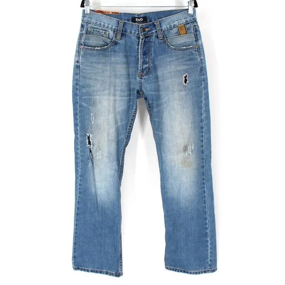 Dolce & Gabbana Button Fly Jeans Light Wash Denim Distressed Straight Leg 33 D&G