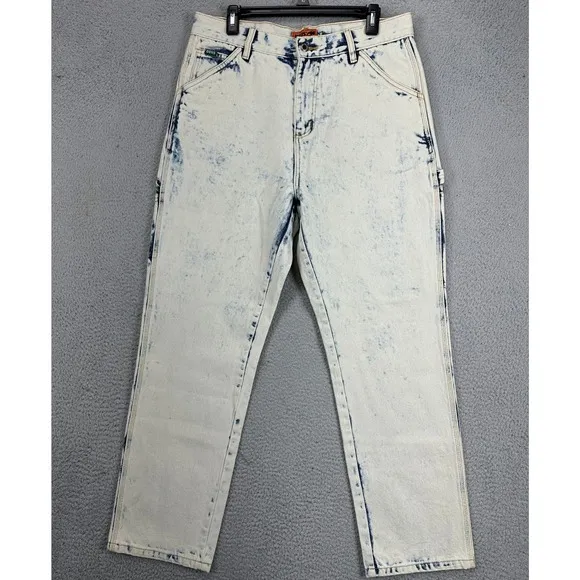Deus Ex Machina Straight Jeans Mens 32 White Blue Acid Washed Deus Records Cargo