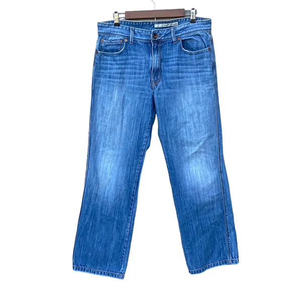 DKNY Men's Blue Denim Medium Wash Faded Whiskered Straight Leg Jeans 34 x 32